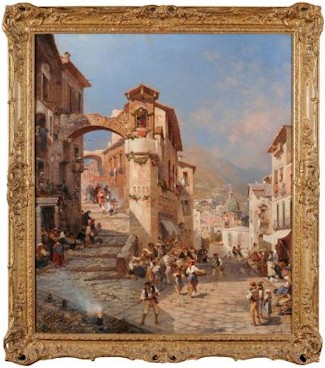 The top lot was the oil on canvas entitled 'The Gulf of Salerno, possibly Positano
        – All Saints' Day' (FS20/473) painted by Franz Richard Unterberger (1838-1901), which fetched £25,000.