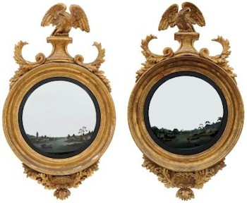 A highlight of the furniture auction within the Autumn 2013 Fine Sale was the winning bid of £17,500 that secured this
        pair of Regency carved giltwood and Chinese reverse painted convex mirrors (FS20/1150).