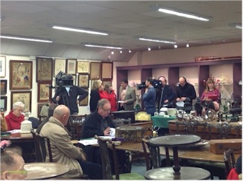 The BBC Bargain Hunt film crew in action in the Honiton saleroom.