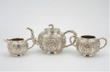 A Chinese Silver Three-piece Tea Set, Maker Wang Hing & Co, Hong Kong (FS21/111) that is being auctioned at the South West of England saleroom complex in Exeter, Devon.