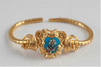 A Mid 19th Century gold, diamond and turquoise enamal mounted bracelet, which is being offered in the 2014 Winter Fine Sale as part of the jewellery auction (FS21/458).