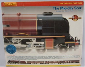 The OO/HO gauge model railway section of the sale is well-represented by Horny and includes
        this Hornby limited edition 'The Mid-day Scot Train Set', with 4-6-2 locomotive 'City of Leeds' with six wheel tender and three passenger coaches (SC18/486). Estimate:  £40-£60.
