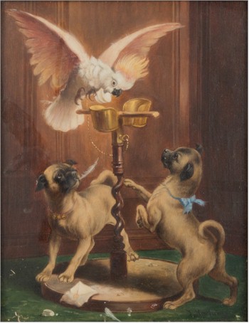 The first of two continental paintings of a parakeet and two pug dogs by Julius Hartung aka Carl
        Reichert (1836-1918), which sold in our Exeter salerooms for £1,500 (FS22/393).