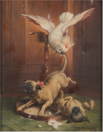 The second animal painting by Julius Hartung aka Carl Reichert (1836-1918) depicting
        the same pug dogs and parakeet (FS22/393).
