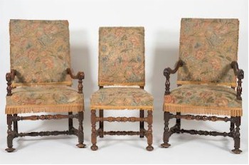 This set of eight 17th Century and later walnut dining chairs (FS23/670) from the same country house as the refectory table is inviting bids of between £2,500 and £3,500.