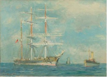 Henry Scott Tuke (1858-1929) - Off Falmouth, A Barque at Anchor with a Tug in Attendance
        (FS25/364) offered in our Two Day Fine Art Sale starting on 27th January 2015 at
        our salerooms in Exeter, Devon.