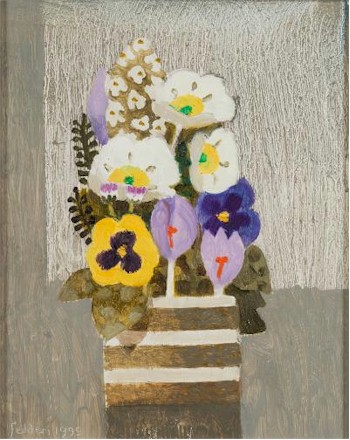 A picture depicting Spring flowers, crocus and pansies in a pot (FS25/403) by artist Mary Fedden (1915-2012) attracted
        a winning bid of £7,600.