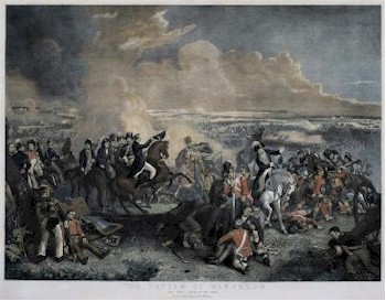 A hand-coloured engraving of The Battle of Waterloo on 18th June 1815 by JA Atkindon (BK13/359) showing some of the horrors of war.
