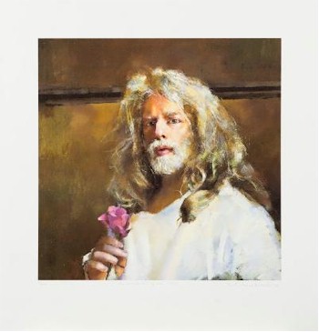 Another print Self-Portrait Holding Rose (SF20/29) by Robert Lenkiewicz, with the artist characteristically looking straight into the eyes of the viewer.