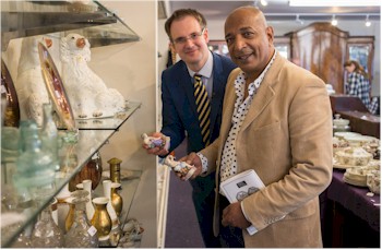 Charles Hanson and Raj Bisram of Antiques Road Trip examine some of the lots on offer in our Antiques and Interiors Auction held
        on Tuesday, 12th may 2015 in Exeter during a break from filming.