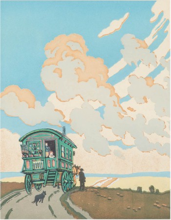 A 36cm x 27cm woodcut entitled 'The Caravan' by Anglo/Australian artist John Hall
        Thorpe (1874-1947) is expected to fetch £150-£250.