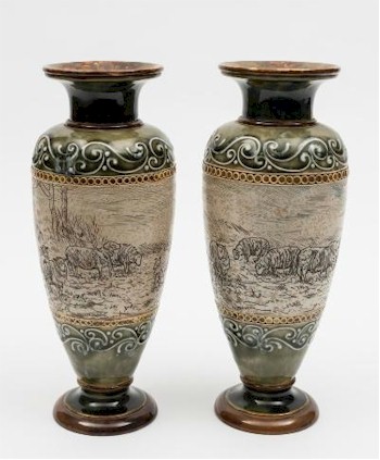 A pair of Royal Doulton Stoneware Vases by Hannah Barlow (FS27/454) is inviting bids of £600 and £700.