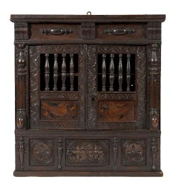 The 17th Century Carved Oak and Marquetry Food Cupboard (FS27/756) was sold in our salerooms for £3,800.