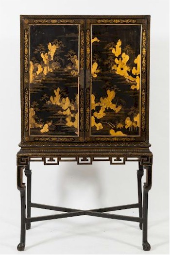 An Early 19th Century Chinese Black Lacquer and Gilt Heightened Cabinet on Stand (FS28/941).