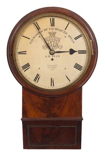A Mahogany Drop-dial Wall Clock (FS28/744) by Vulliamy of London was fought over by telephone bidders, ultimately succumbing to a winning bid of
       £8,800.