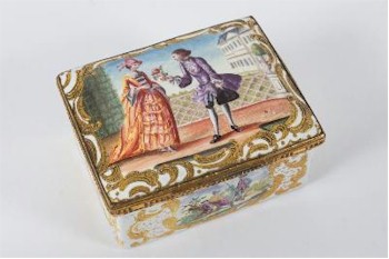 A rare 18th Century English Enamel Rectangular Box of Theatrical Interest (FS29/795) is amongst the Works of Art.