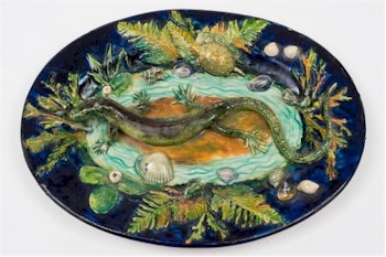 An oval French Palissy Ware Dish (FS29/573) is attracting bids of £300-£400.