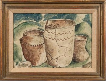 The oil on board by John Craxton RA (1922-2009) 'Roman Pots, Archaeological Find, the Downs, Cranborne Chase Beyond' (FS29/354) was won by a bid for £15,000.