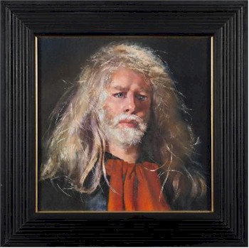 The iconic self-portrait by Robert Lenkiewicz (1941-2002) with a red scarf (FS29/342) sold for £12,000.