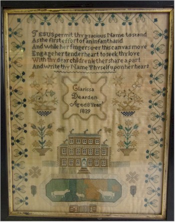 The remarkable stitchwork in the 1839 needlework sampler of eight-year old Clarissa
        Dearden shows yet a further transition in 19th Century sampler styles.