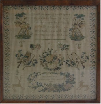 The sampler produced by Mary Harvey in 1839 shows further evolution in needlework samplers of 19th Century.