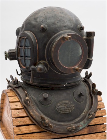 A 12 bolt diving helmet with patent speaking apparatus by Siebe Gorman & Co.