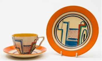 The ceramics auction also includes this Clarice Cliff Pottery Trio in the Tennis Pattern (FS31/650).