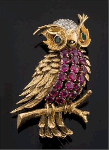 This Ruby, Diamond and Emerald Mounted 'Perched Owl' Brooch (FS31/203) will be offered amongst the jewellery in July 2016. Prospective buyers will
        also be  able to bid over the Internet during the two day sale.