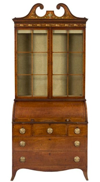 An Early 19th Century Mahogany, Satinwood Decorated and Inlaid Cylinder Fronted Bureau Bookcase (FS31/1091).