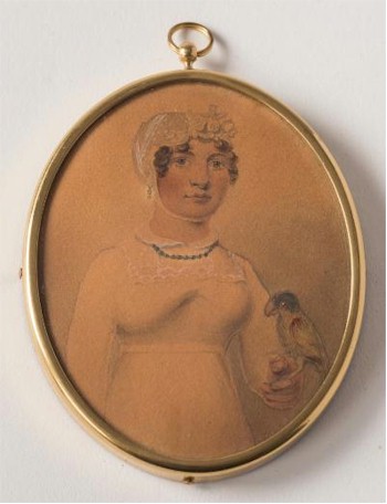 English School, Early 19th Century: A miniature portrait of a Young Lady, half-length standing, with a Green Parrot on Her Hand (BK16/20).