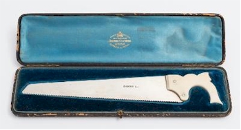 A Victorian Silver Cucumber Cutter in the form of a saw by the Sheffield maker Atkin Brothers produced in
        1889 (FS32/77) is being offered in the silver section of the October 2016 Fine Sale.