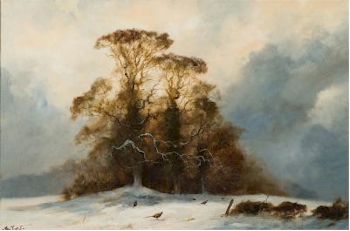 Pheasants in a Snow Covered Landscape by John Trickett (Contemporary).