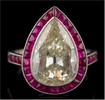 A Pear-shaped Diamond and Ruby Cluster Ring (FS34/418) is inviting bids of £7,000-£9,000.