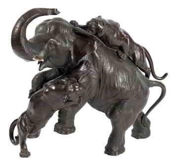 A Large and Impressive Japanese Bronze Group of A Trumpeting Elephant Being Attacked
        by Two Tigers, Signed Morimitsu, Meiji Period (FS36/690).