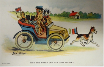 Louis Wain Postcard: Why the Motor Car has come to stay.