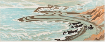 Clifford Cyril Webb (1895-1972): Gathering Sea Coal, Northumberland. Linocut in
        colours; 29x71cm; Estimate £150-£200.