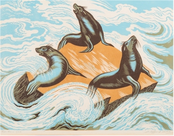 Clifford Cyril Webb (1895-1972): Sea-Lions. Linocut in colours; 32.5x41cm; Estimate
        £150-£200.