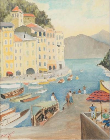 Noel Coward(1899-1973): Portofino - a Harbour View with Figures on a Quay and Moored
        Boats (FS42/433).