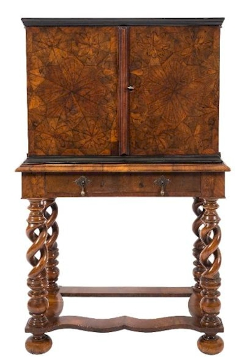 An early 18th Century Walnut Oyster Veneer and Parquetry Cabinet on a later stand
        (FS43/875).
