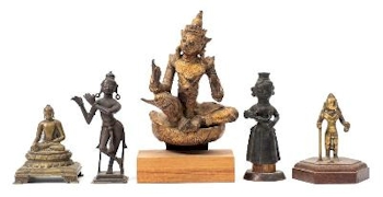 The Tibetan solid bronze figure of a Bodhisattva, a similar Indian Bodisattva and
        three others (FS43/626), which realised £24,000 during the July 2019 Fine Sale at
        our salerooms in Exeter, Devon.