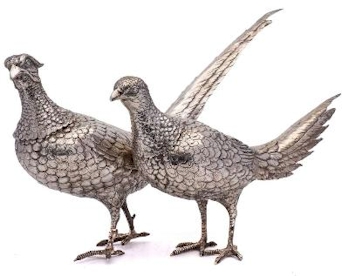 A pair of Continental Silver Pheasants, bearing the import marks For Berthold Muller, Chester, 1909 (FS46/117).