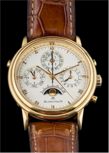 A Gentleman's 18ct Gold Cased Blancpain Moonphase Split Second Chronograph Perpetual
        Calendar Wristwatch (FS46/203) sold for £5,000.