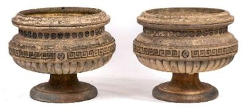 A pair of Edwardian Stoneware Circular Pedestal Garden Urns (FS46/1046).