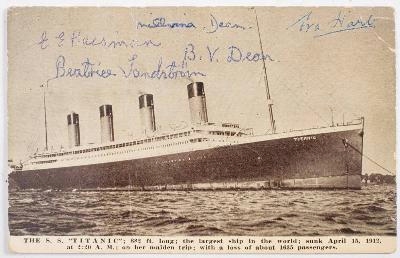 A postcard of 'SS Titanic' signed by five survivors: Beatrice Sandstrom, Eva Hart,
        Edith Haisman, Bert Dean and Millvina Dean (SC31/180) is being offered in our One
        Day Maritime, Sporting and Collectors Auction starting on 12th August 2020 at our
        salerooms in Exeter, Devon.