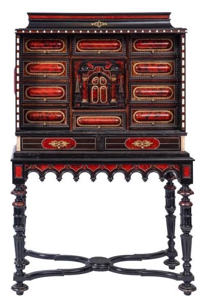 A 19th Century Flemish scarlet tortoiseshell, ebony and ivory inlaid architectural
        cabinet on a stand (FS50/1652).