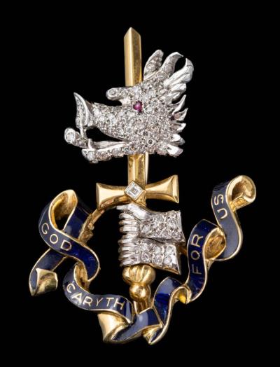 An Enamelled 18ct Gold and Diamond-set Brooch depicting the Mitford Family Crest
        (FS50/414) offered in our Three Day Fine Art Sale starting on 13th July 2021 at
        our salerooms in Exeter, Devon.