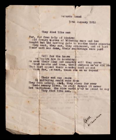 An eighteen line typescript poem 'They Died Like Men', McMurdo Sound, 18th January 1913 (MA20/64).