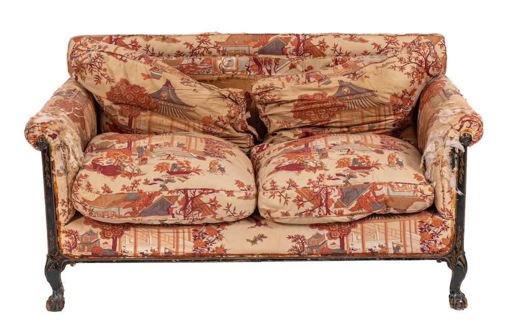A Rare Edwardian Lacquered, Parcel Gilt And Upholstered Two Seat Sofa By Howard & Sons Of London