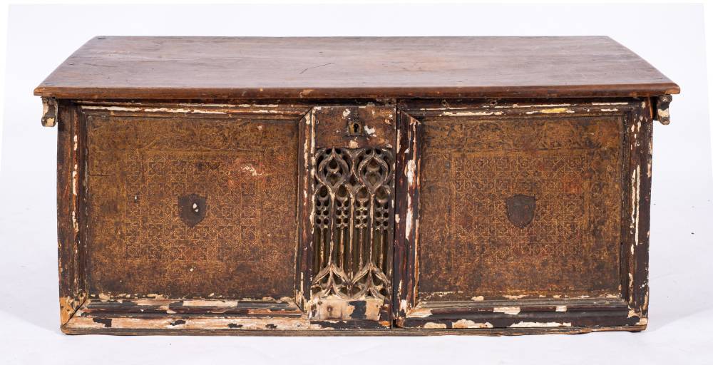 A Rare Spanish Renaissance Polychrome Painted And Parcel Gilt Walnut Caja Con Cajones Coffer