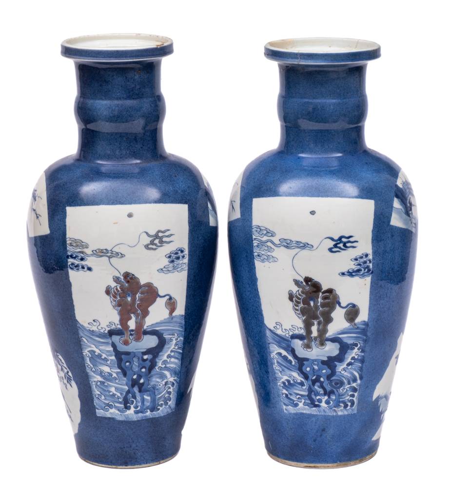 A Pair Of Chinese Underglaze Blue And Copper Red Rouleau Vases Each Of Ovoid Form With Cylindrical